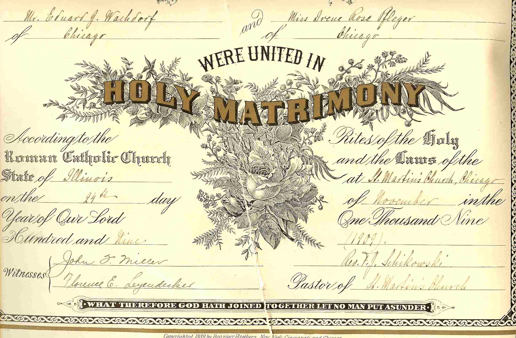 certificate marriage church martin 16x20 irene pfleger 1909 partial scan husband nov edward